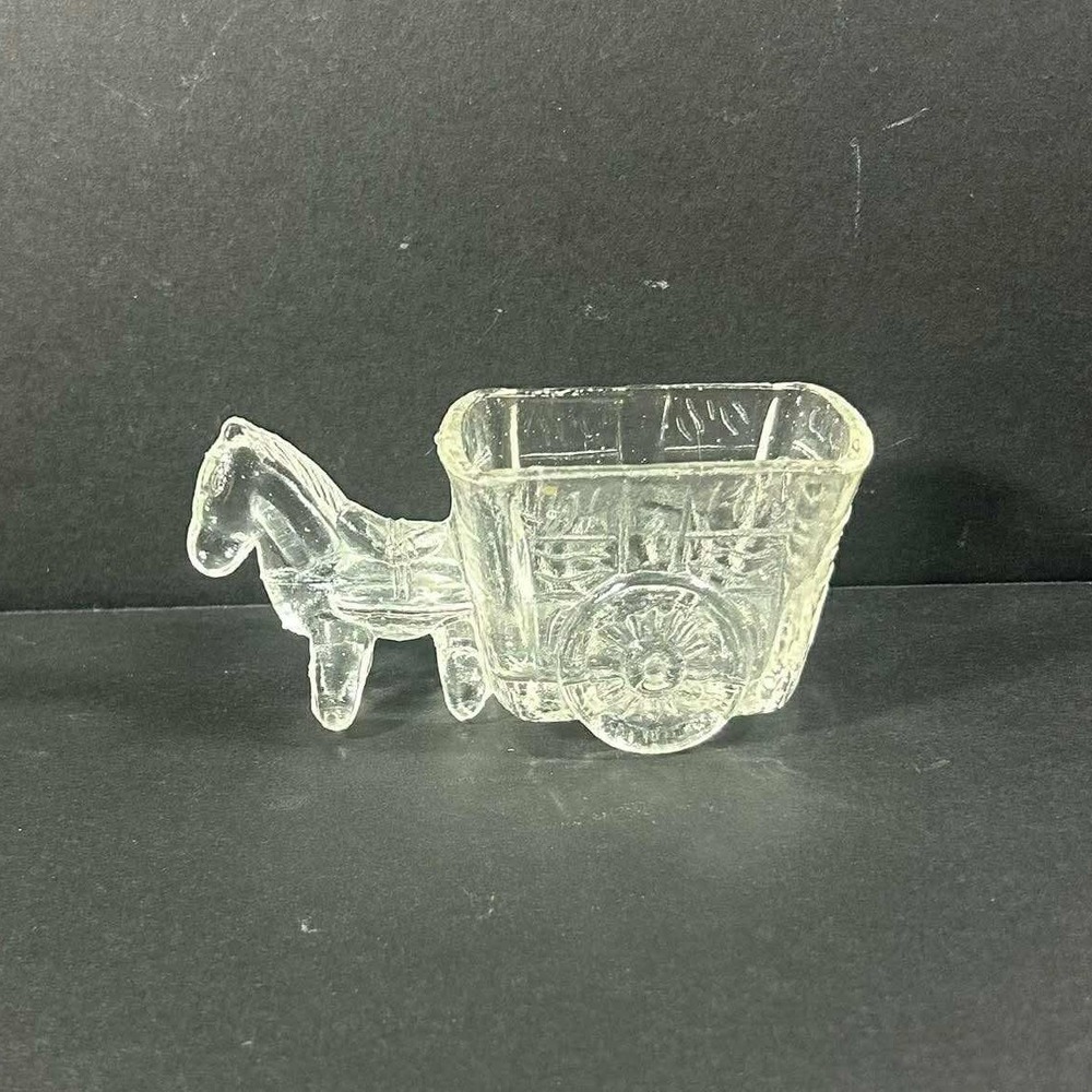 Jeanette Glass Donkey Cart Clear Toothpick Holder Vintage Pressed Glass Novelty - Picture 3 of 7